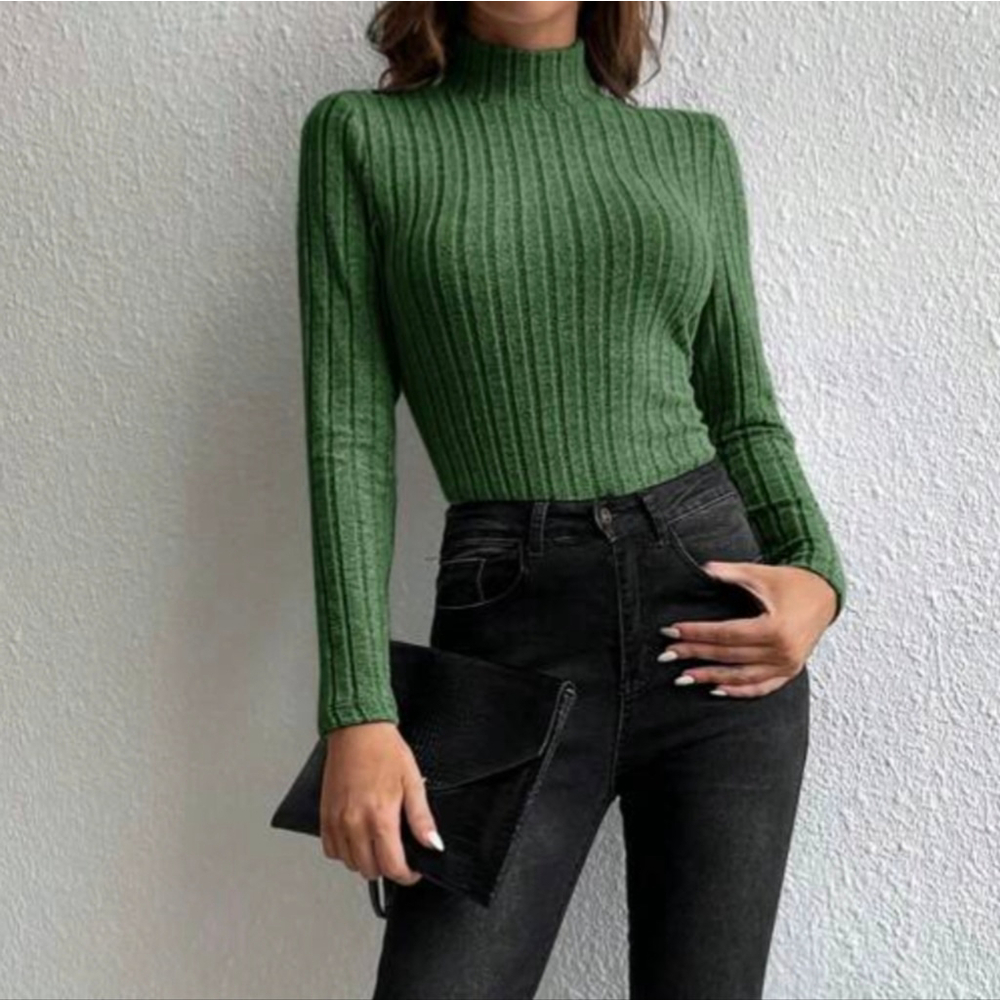Ribbed Knit Top Pullover Large Slim Fit Shirt L Top Avocado Green Ribbed - Picture 2 of 8